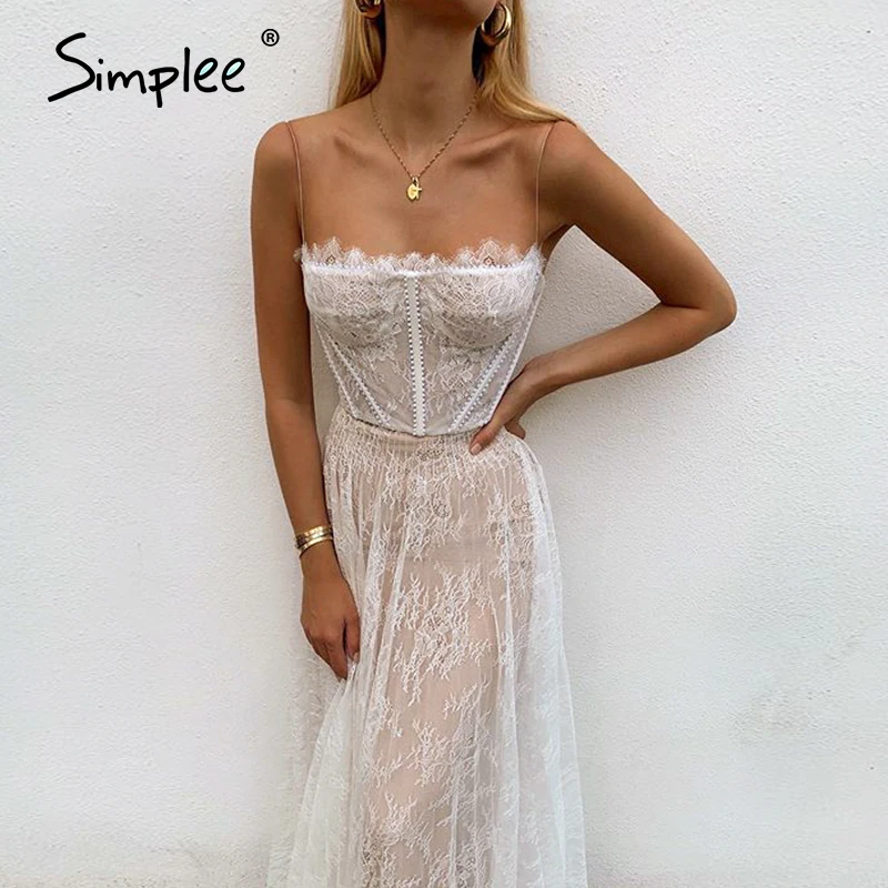 Simplee Sexy white lace summer women maxi dresses Beach spaghetti strap backless plus size dress Mesh femme long dress vestidos Simplee Sexy white lace summer women maxi dresses Beach spaghetti strap backless plus size dress Mesh femme long dress vestidos