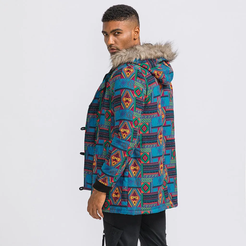 Мужская Повседневная зимняя теплая льняная куртка с длинным рукавом и капюшоном с цветочным принтом, верхняя одежда, утепленное пальто с воротником из меха енота размера плюс