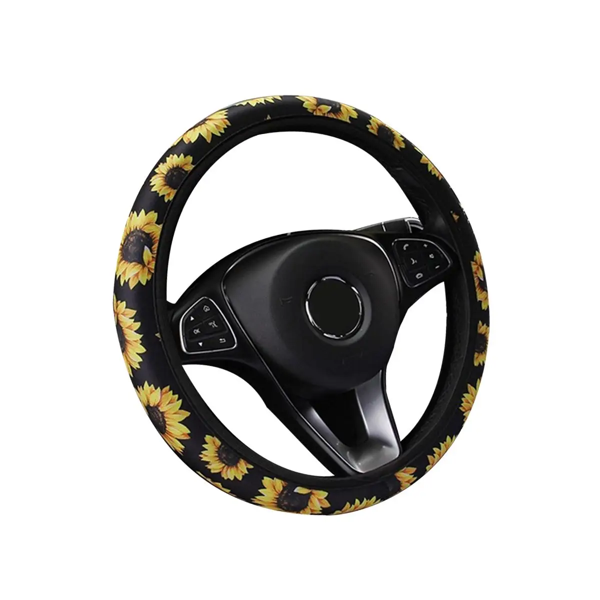steering wheel cover Пара универсальных чехлов для передних сидений автомобиля с подсолнухами+ чехол на руль для стайлинга автомобиля, защита для автомобильных сидений, аксессуары для интерьера - Название цвета: steering wheel cover