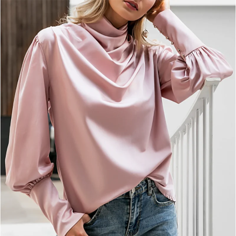 Women Shirts Autumn Lantern Long Sleeve Vintage Turtleneck Pleated Luxury Shirt Pink Satin Elegant Office Ladies Party Shirts