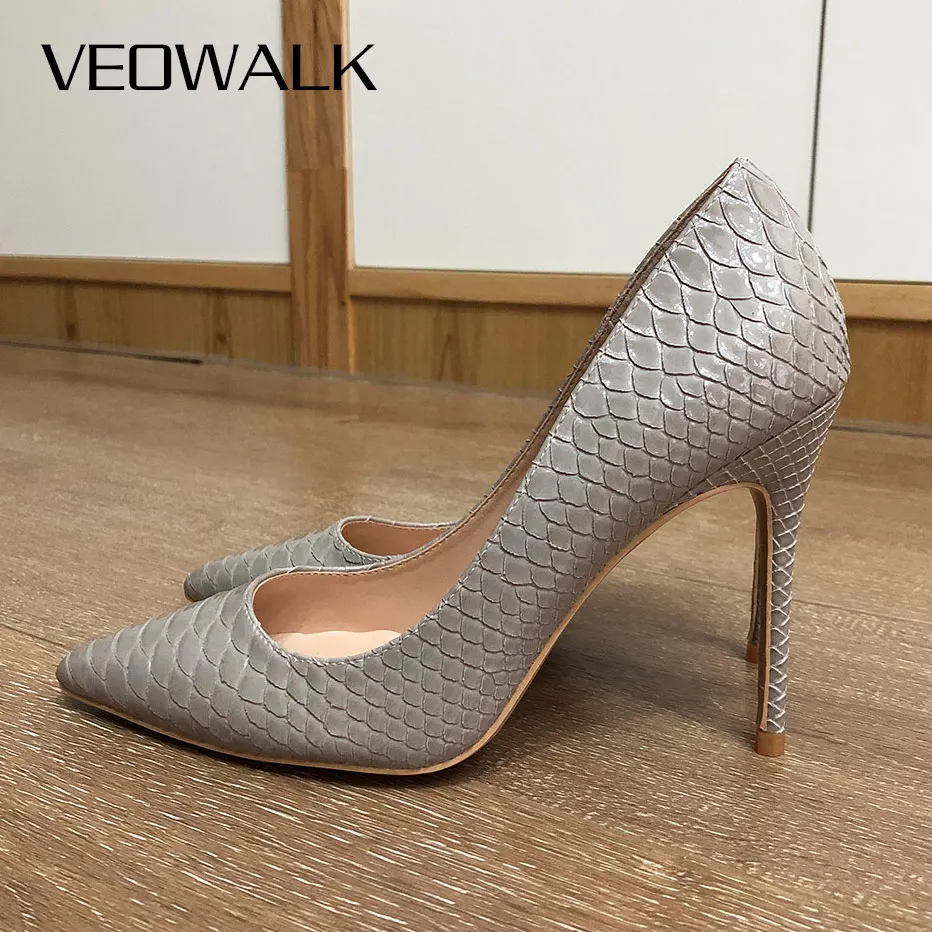 

Veowalk Grey Crocodile Efeect Embossed Women Pointy Toe High Heels Colors Customize Sexy Ladies Stilettos Slip On Party Shoes