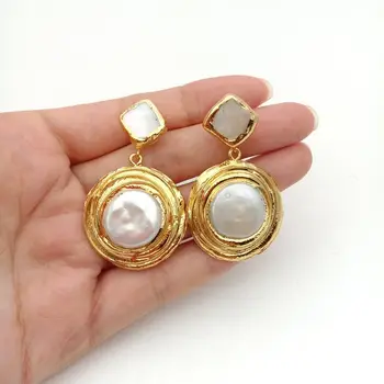 

White Coin Keshi Pearl 24K Golden Plated Post Earrings