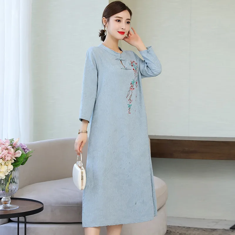 

2019 Autumn New Style Retro Embroidered Chinese-style Cotton Linen Jacquard Dress Women's Frog Ethnic-Style Mid-length Tea Servi