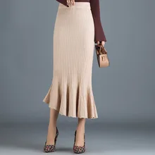 Женская Элегантная трикотажная юбка с рыбьим хвостом, женские зимние юбки, однотонные, абрикосовые, черные, теплые, вязаные, jupe femmes