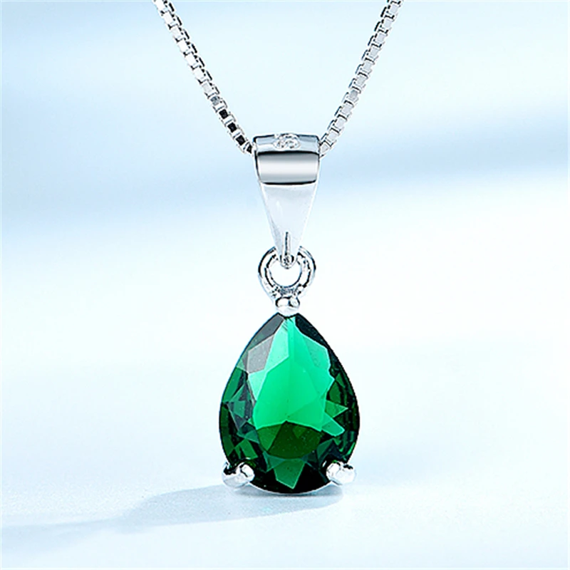Dy 925 Sterling Silver Necklace Pear Shape Gemstone Emerald Glass Cz
