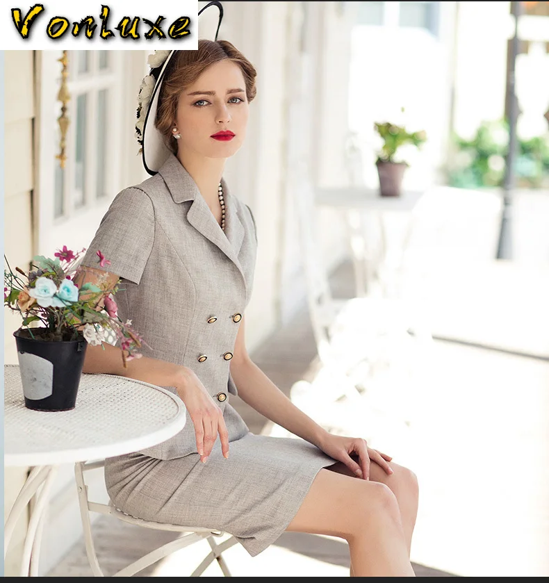 Женский офисный костюм винтажный двубортный топ и юбка-карандаш до колена