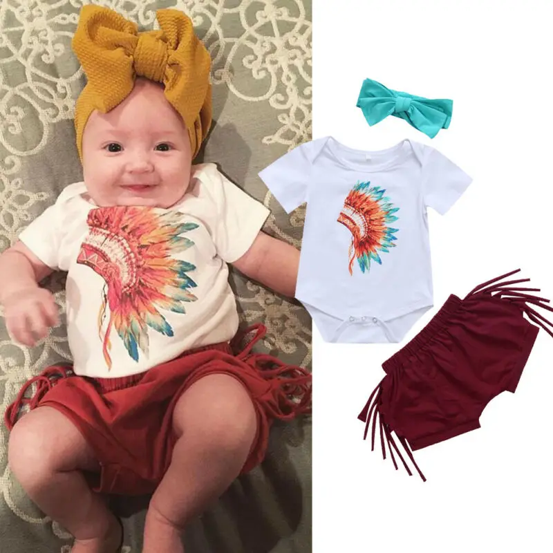 3 шт. детский хлопковый комбинезон с принтом шорты и повязка на голову|Комплекты