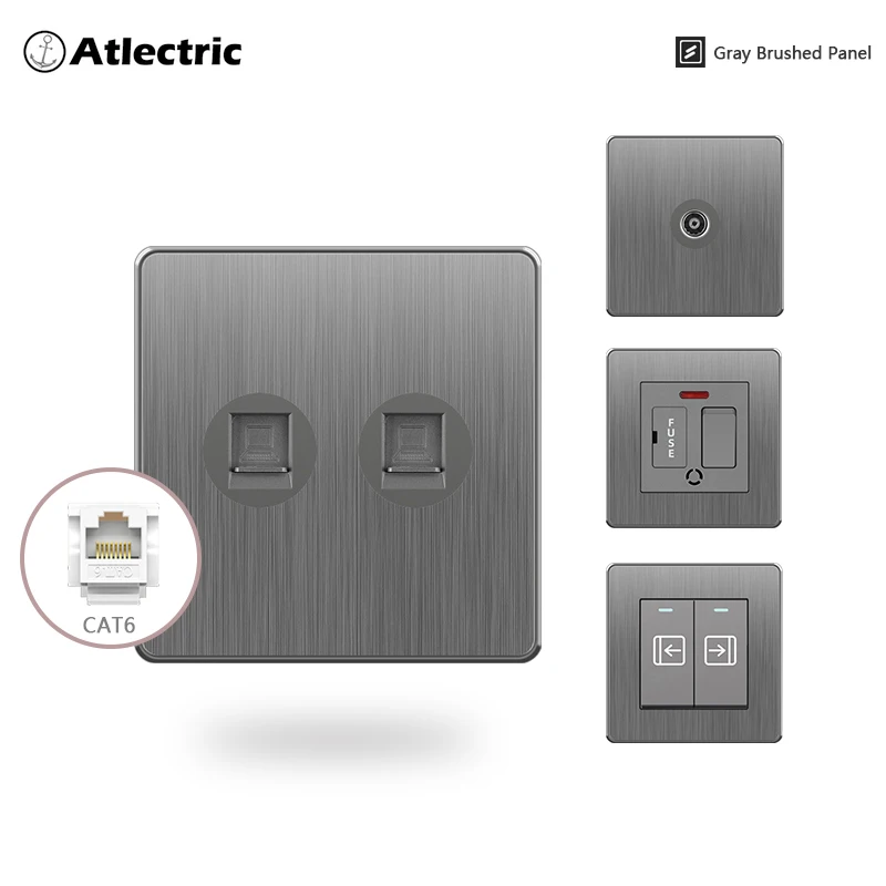 

Atlectric Electrical Sockets Outlets Withe Gray Brushed Plastic Panel CAT6 TV RJ45 Network Internet Phone Socket Outlet Adapter