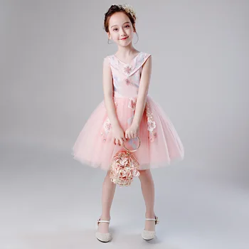 

Girl's formal dress O neck sleeveless short ponchos piano show host summer princess birthday ceremony wedding flower girl dress