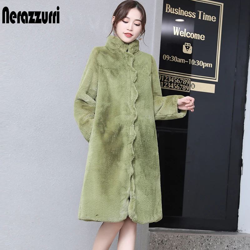  Nerazzurri winter colored faux fur coat women scallop trim Army green black fluffy jacket warm plus