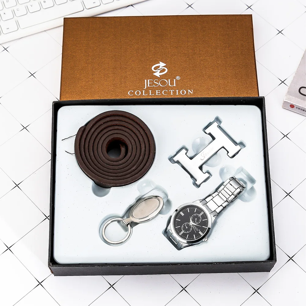 

3 PCS /Set Boutique Gift Set Leather Belt + Large Dial Quartz Watch + Keychain
