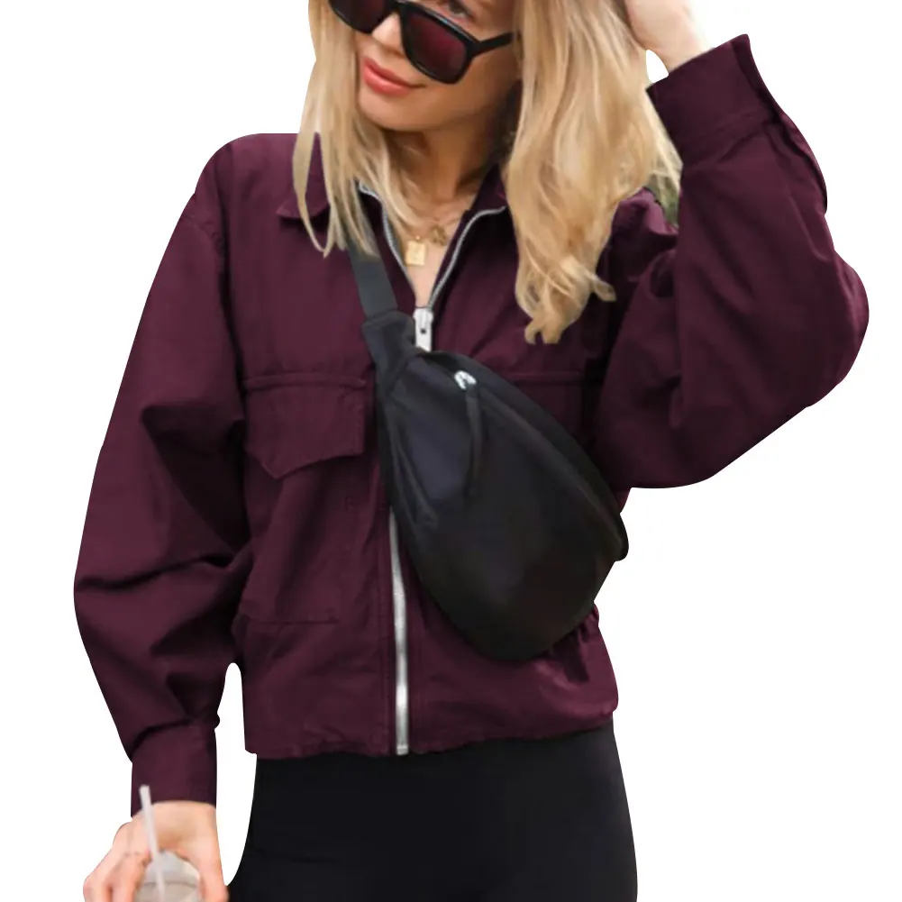 Новинка 2019, женские куртки с длинным рукавом, большие карманы, куртки на молнии, пальто, однотонная Повседневная простая куртка для женщин