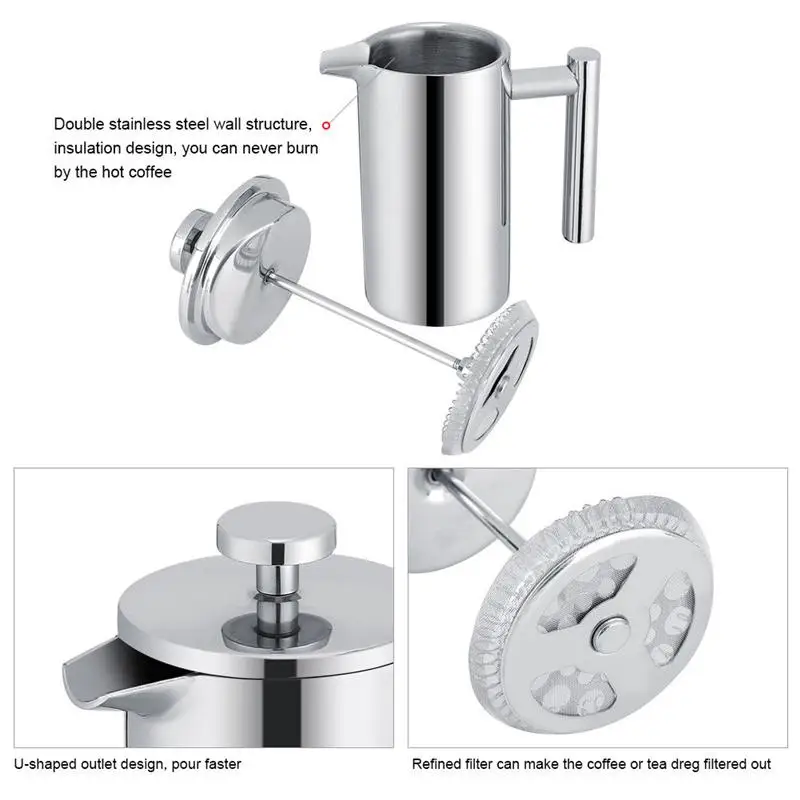 Kopen 1000 800 350 Ml Dubbele Laag Isolatie Theepot Rvs Koffie Thee Maker Met Filter Franse Pers Warmte behoud Mok