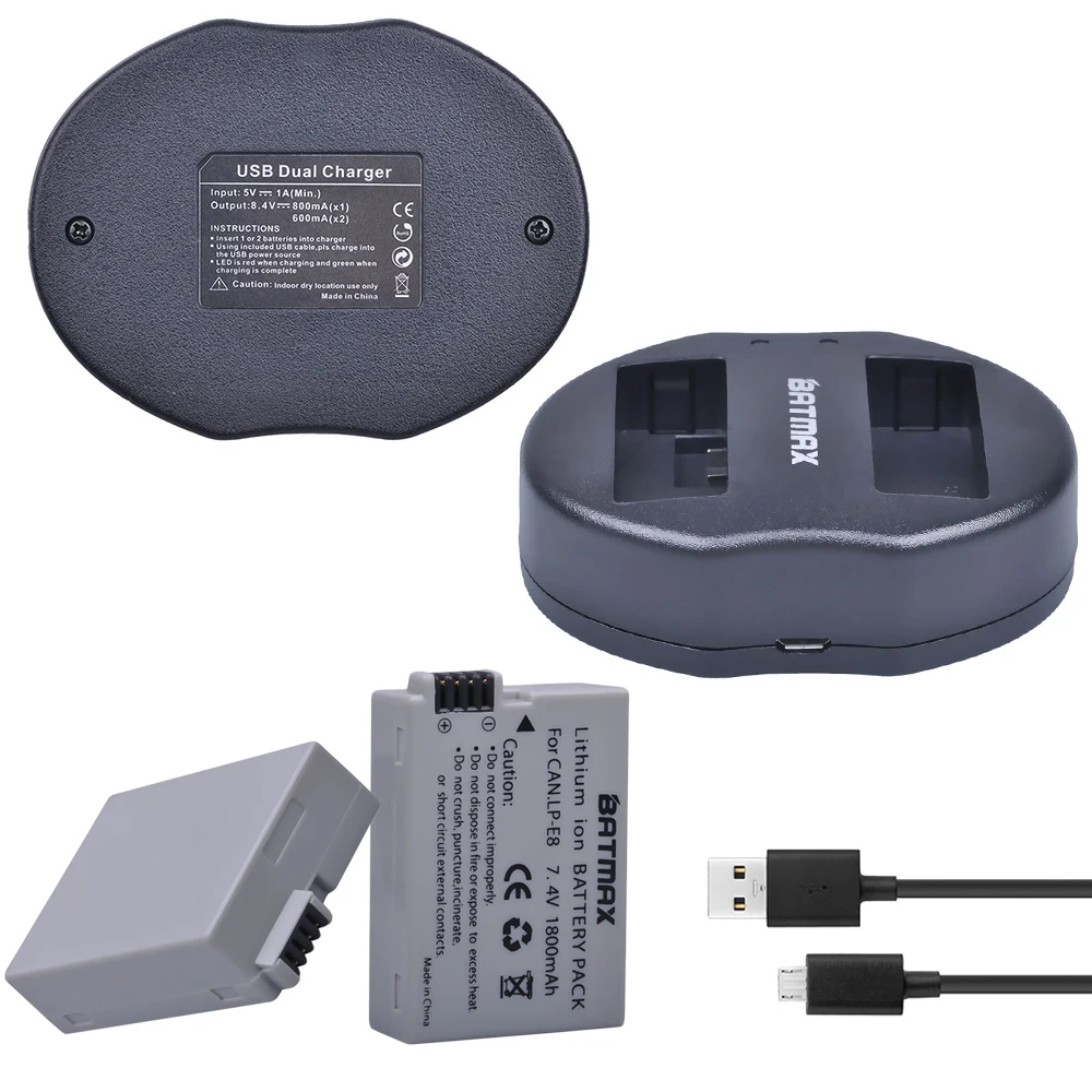 2B with charger Batmax 2 шт. LP-E8 LPE8 LP E8 Камера Батарея+ Dual USB Зарядное устройство для цифровой однообъективной зеркальной камеры Canon EOS 550D 600D 650D 700D Rebel T2i T3i T4i поцелуй X4 X6i - Цвет: 2B with charger