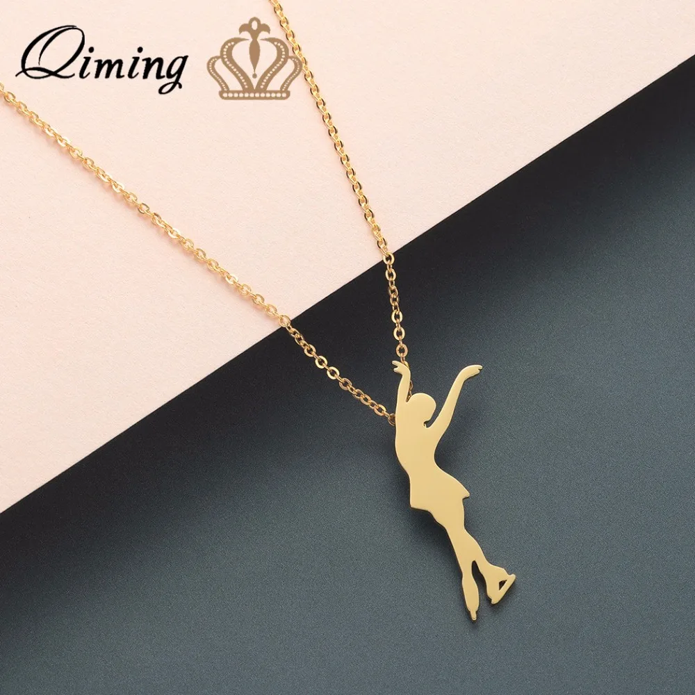 

QIMING Elegant Figure Skating Necklace For Women Dancer Skate Gold Chain Party Birthday Gift Female Collier Statement Necklaces