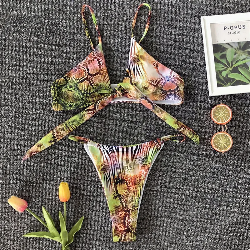 Бантик змеиный принт бикини Mujer сексуальные купальные костюмы V-Neck женский купальный костюм стринги бикини набор Пуш-Ап купальник женский