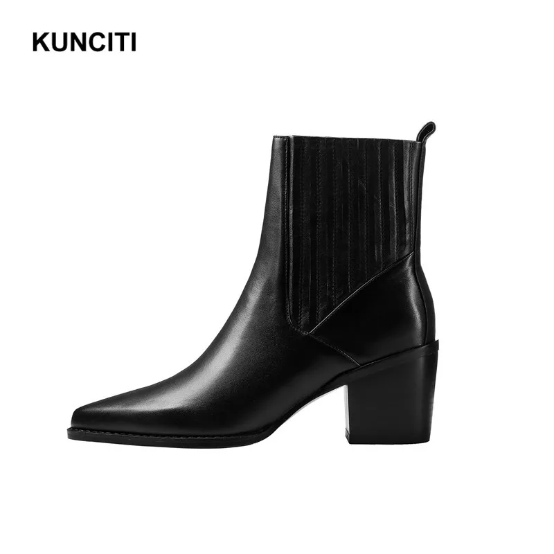 Black KUNCITI/; ботильоны на высоком каблуке; женские короткие ботиночки из натуральной кожи; модные эластичные ботинки «Челси» с острым носком; D9210 - Цвет: Black