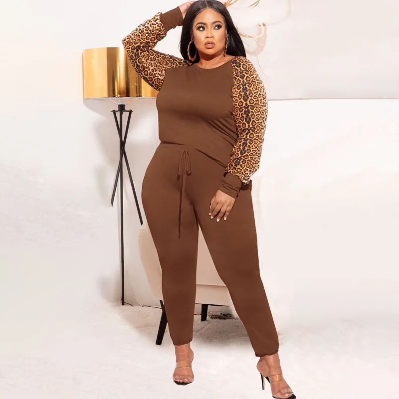 5XL Plus Size Women Sets T Shirt Tops And Pant Suits 2021 Autumn Fashion Leopard Print Casual Large Size Tracksuit Two Piece Set