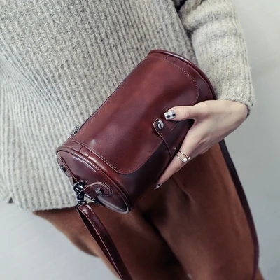 Милая женская кожаная сумка через плечо в консервативном стиле, винтажные женские сумки-мессенджеры в форме бочонка - Цвет: dark brown
