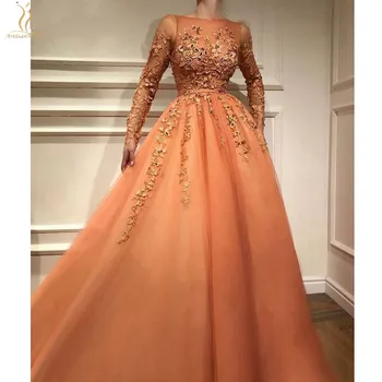 

Orange Muslim Evening Dresses Scoop Neckline Long Sleeves Prom Party Gown Lace Beaded Tulle A-Line Formal Wear