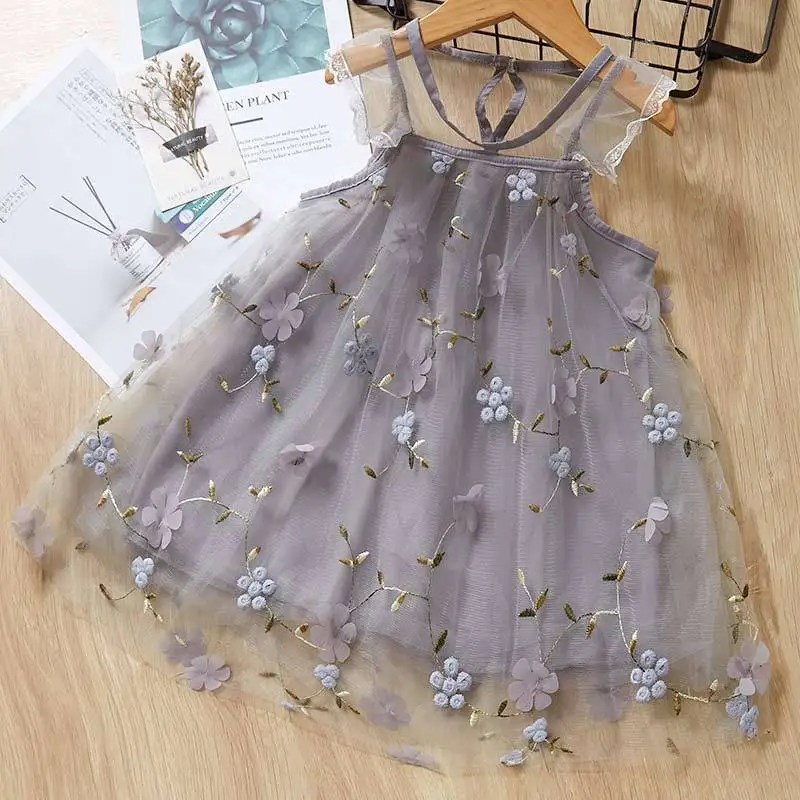 

Summer Baby Girls Embroidered Dress Toddler Kids Knee-Length Fashion Party Lace Sleeveless Mesh Birthday Princess Dresses
