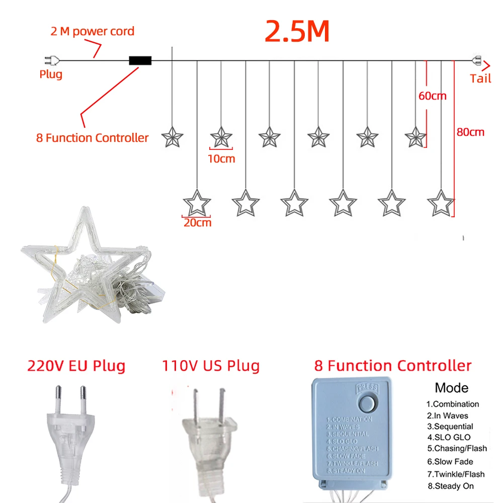 220 В светодиодный светильник-Гирлянда для занавесок, Сказочная сосулька, 2,5 м, Рождественская гирлянда со звездами, для свадебной вечеринки, для окна, для улицы, для нового года, декоративный светильник