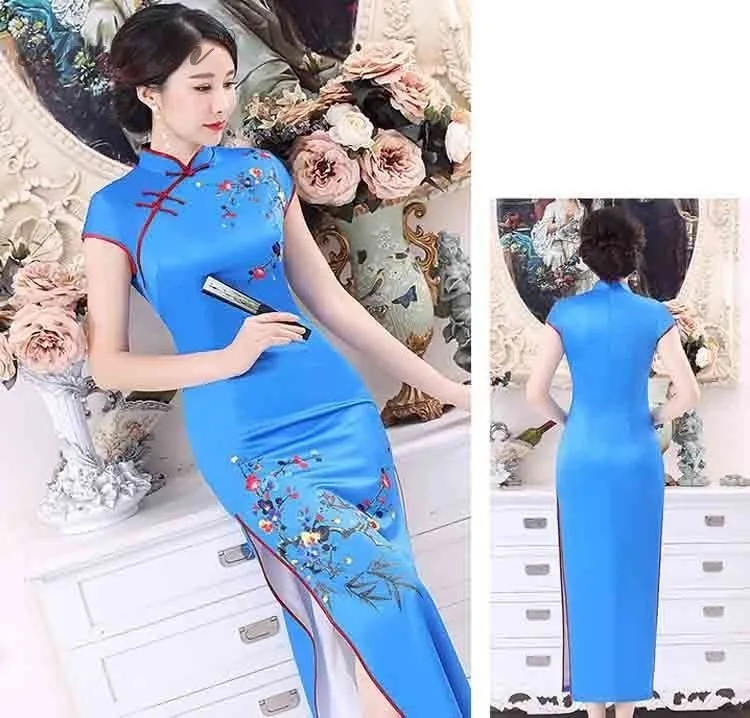 Синий цветок Cheongsam современный Femme элегантный тонкий длинный Qi Pao для женщин Китайская традиционная одежда платье Qipao аналогичный шелковый халат