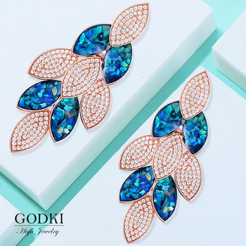 

GODKI Famous Brand Feather Shell Dangle Earrings Trendy Cubic Zircon Wedding Engagement Party Dubai Gold Earrings for women 2019