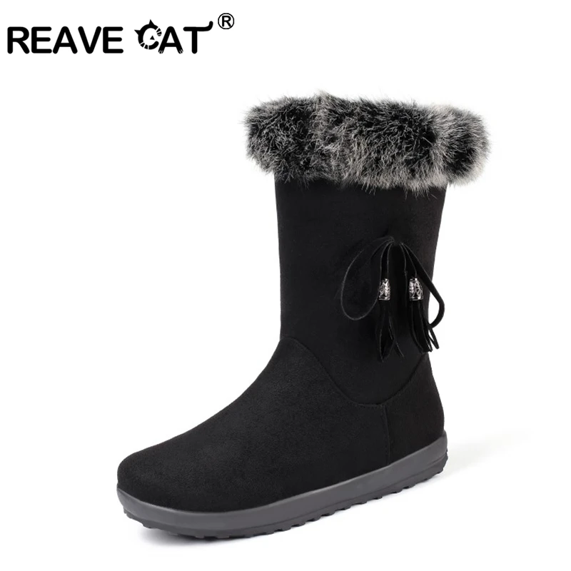 

REAVE CAT Winter Warm Mid-calf Boot for Women Round Toe Wedge Flock Zipper Solid Fur Fringe Big Size 40-43 Black Grey Red Yellow