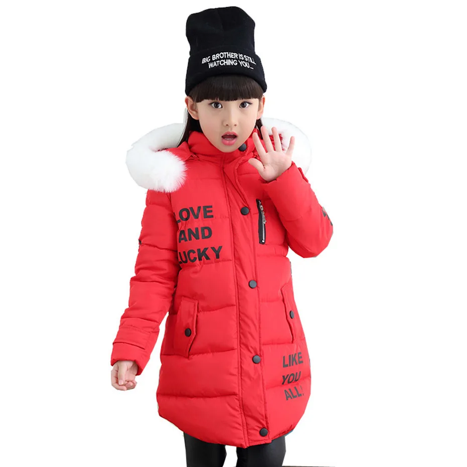 Детские зимние куртки для девочек, длинное пальто с буквенным принтом, парка, г. Однотонная плотная верхняя одежда на молнии с капюшоном зимняя одежда для девочек