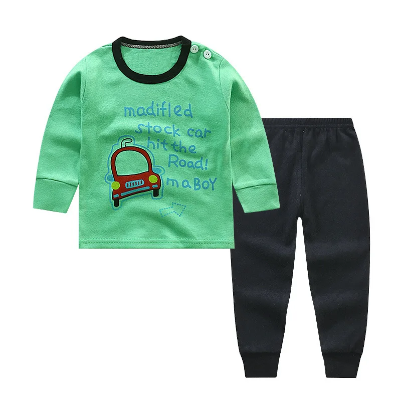 От 6 месяцев до 4 лет Пижамный костюм унисекс для маленьких мальчиков и девочек хлопковые топы с длинными рукавами+ штаны, пижамный комплект, осенне-зимняя мягкая одежда для сна, костюмы - Цвет: Green