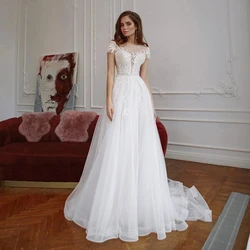 Fivsole A Line Lace and Tulle Bridal Gown 2021 Beads Appliques Short Sleeves Wedding Dress Sexy Illustion Back Vestido De Noche