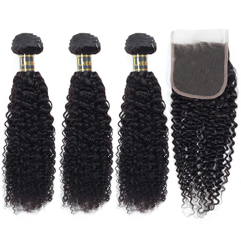 

Uneed Brazilian Afro Kinky Curly Hair Bundles With Closure 100% Human Hair Weave Bundle With Lace Closure Remy Hair Extensions