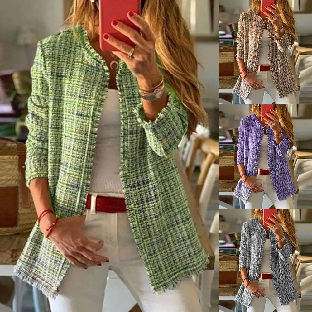

Sweet Women Autumn Winter Outerwear Plaid Open Front Wool Cardigan Jacket Coat