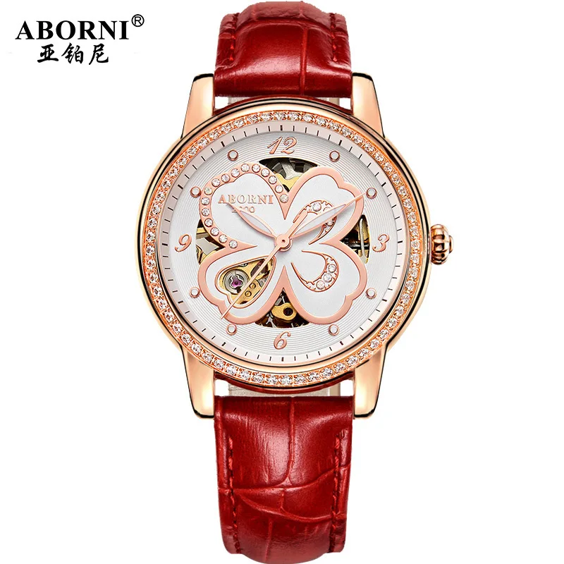 

New Style Genuine Product Trend Ladies' Watch Cool Diamond Set Analog Watch Clover Leather Belt Casual Fashion Female Watch