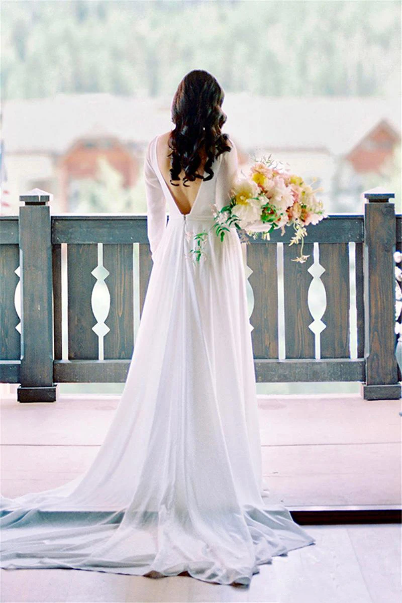 Bohemian Wedding Dresses Modest Designed Chiffon Long Sleeve A Line Split Backless Bridal Country Dress Custom Made | Свадьбы и