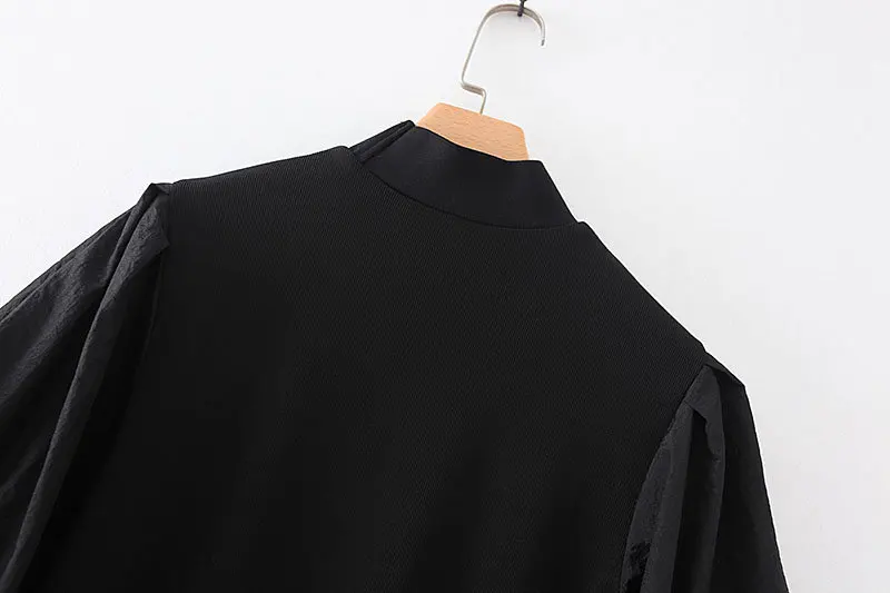 Женское винтажное черное лоскутное трикотажное платье, женское мини-платье трапециевидной формы с высоким воротом и рукавами-фонариками, короткое XZWM19205