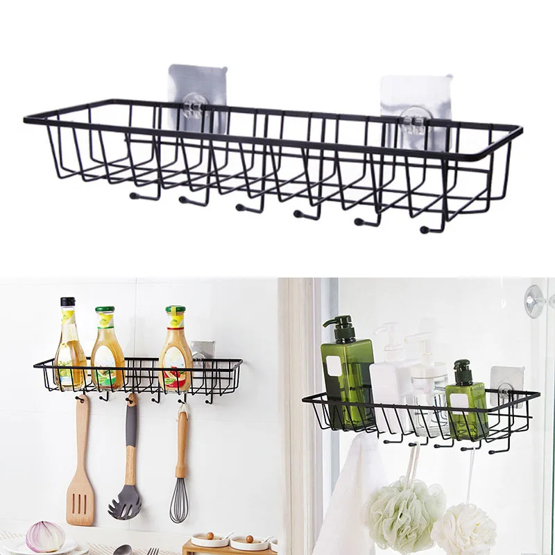 

Iron Metal Seamless Spices Wall Storage Rack Basket with Hooks Organizer Kitchen