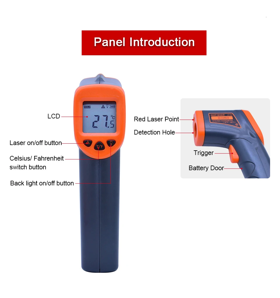 AT380 Non-Contact Laser Infrared Thermometer Digital IR Thermometer IR Laser Point Gun Pyrometer-32C~380C(-26F-716F