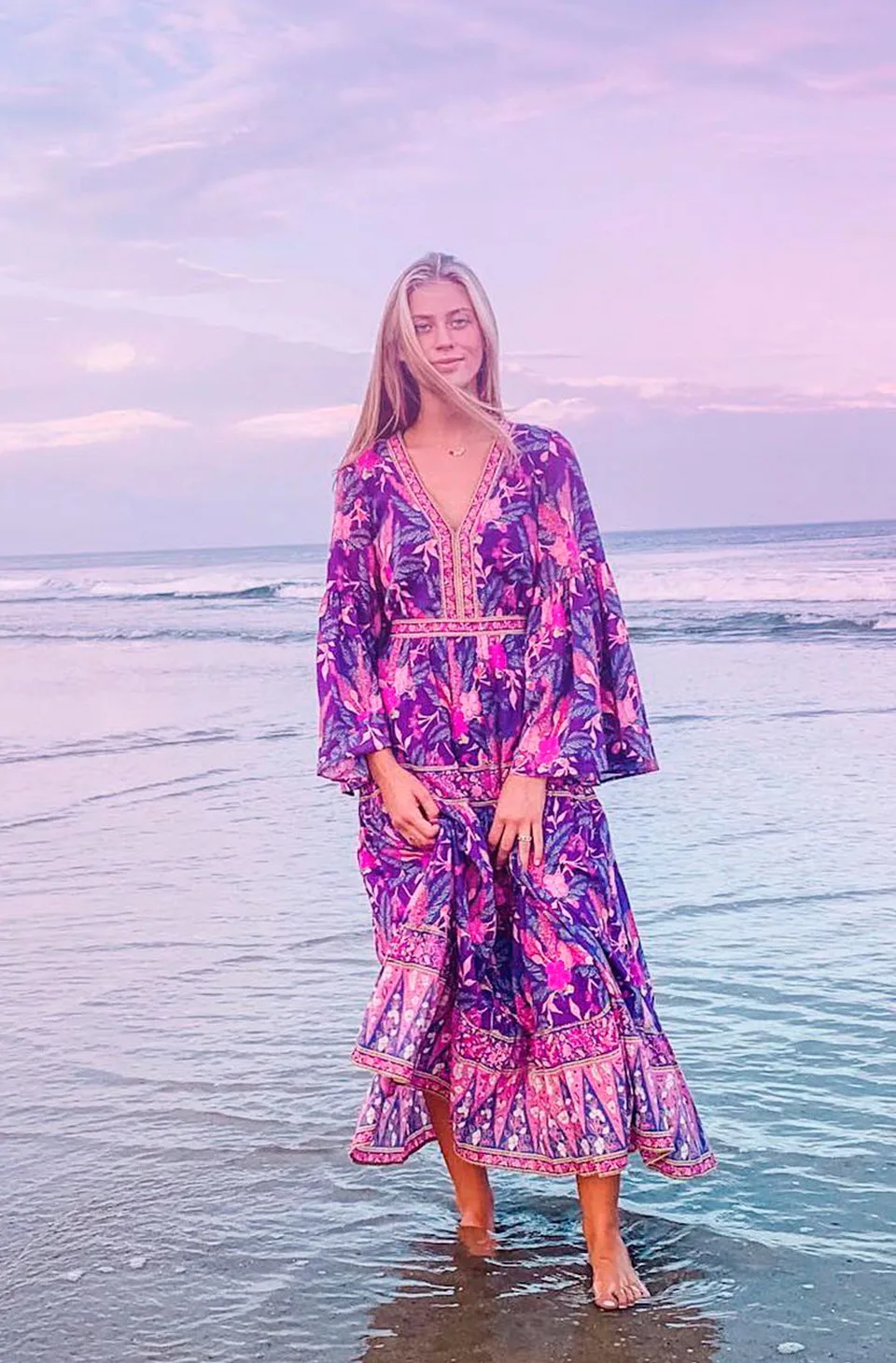 BOHO INSPIRED purple floral dress women V-neck long sleeve dress maxi chic gypsy boho dress summer dress new vestidos