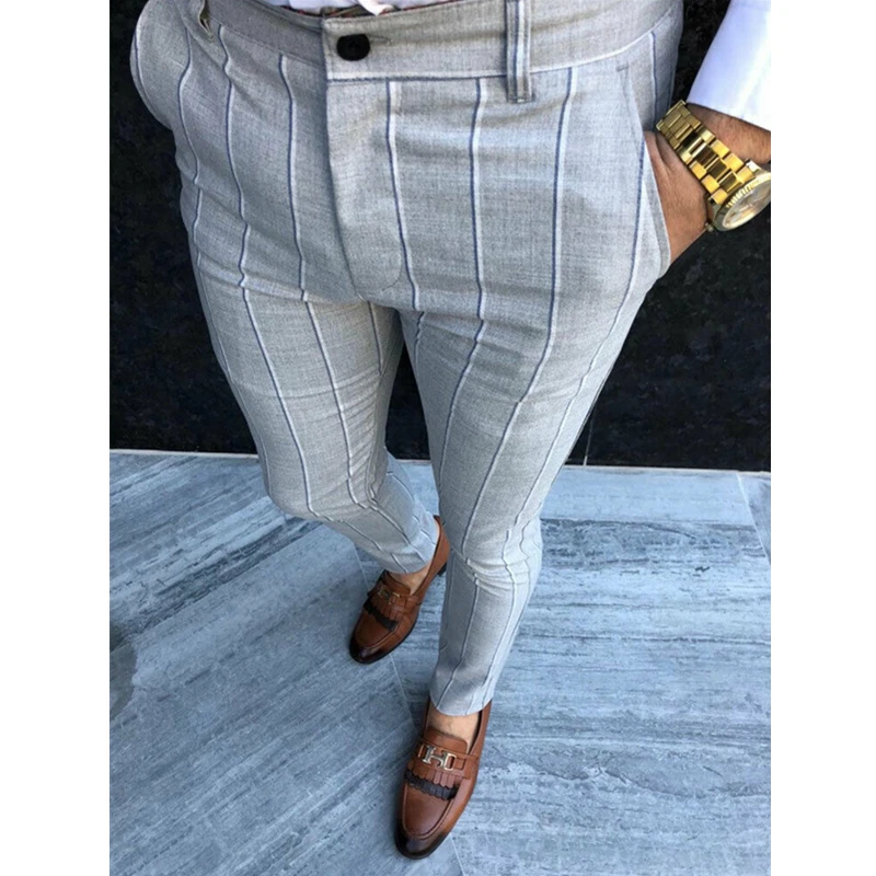 Новые мужские Умные повседневные полосатые длинные спортивные брюки для фитнеса Эластичные Обтягивающие Брюки мужские деловые формальные брюки-карандаш