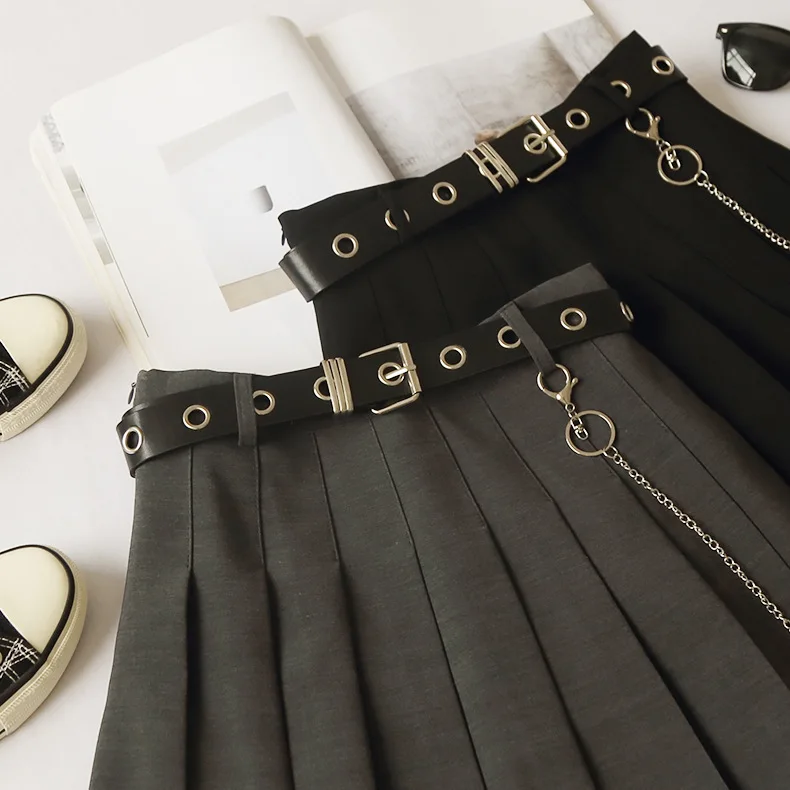 brown skirt High Waist Solid Pleated Skirts Woman Harajuku Belt Chic A-Line Skirt Woman's Retro Simple Black Mini Skirt Women Summer 2021 silk skirt