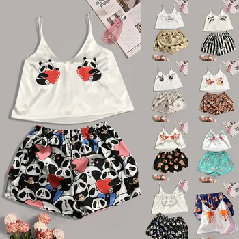 

Animal Cartoon Print Lovely Sleepwear Home Suit Summer V Neck Sexy Pyjamas Women Spaghetti Strap Loose Pijama Satin Femme Cat