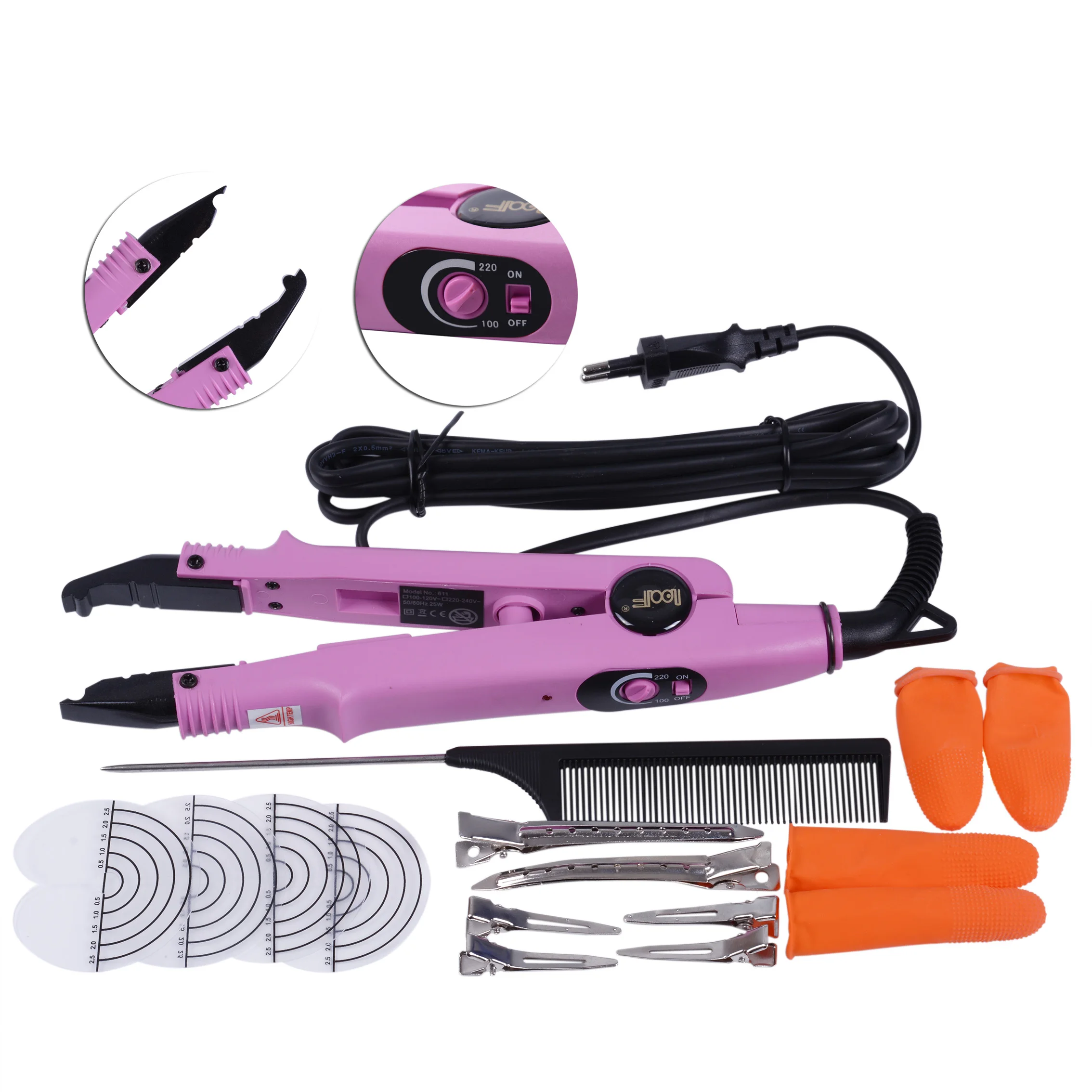 1 Set Black/Pink Professional Loof Stiletto Heat Wand Adjustable Temperature Clamp Connectors Iron For Hair Extensions