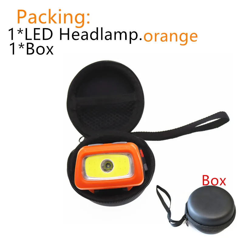 orange and box Портативный мини COB+ XPE светодиодный налобный фонарь для отдыха на природе, рыбалки, Рабочий фонарь, фонарик, 3* AAA батареи - Испускаемый цвет: orange and box