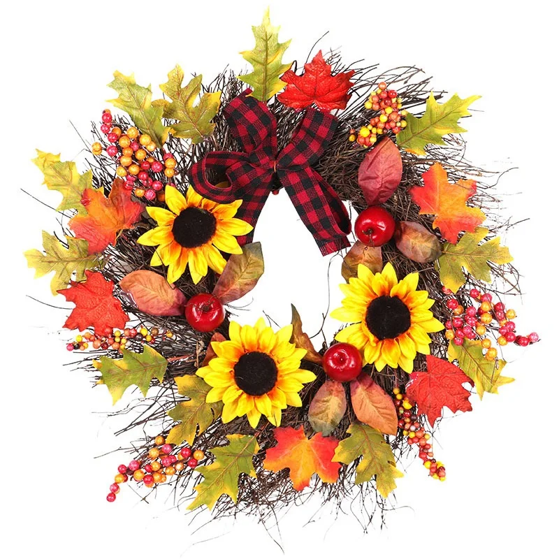 

Sunflower Maple Leaf Bowknot Christmas Garland Wreath Home Window Mall Hotel Decoration Pendant Xmas Wreath Hanging Ornaments