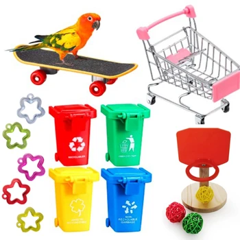 Bird Training Toys Set Skateboard Garbage Cans Basketball Hoop Toy Mini Shopping Cart Plastic Star for Birds Parrots Playing