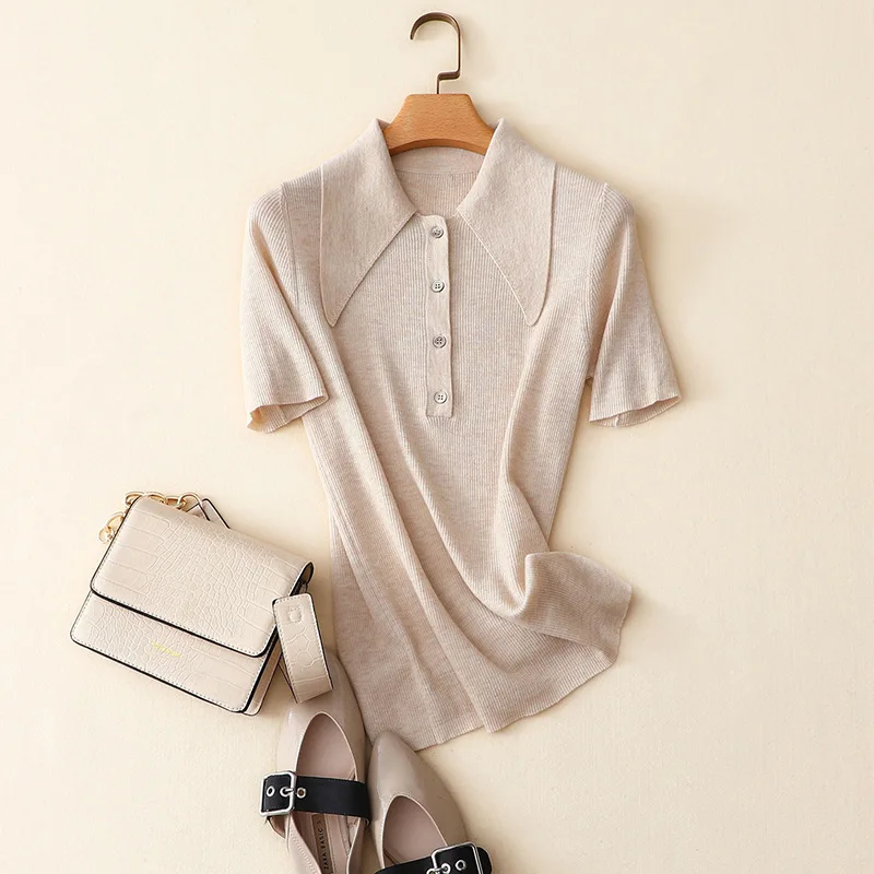 

spring summer new styles women short sleeve ribbed knit 100% cashmere sweater knitwear