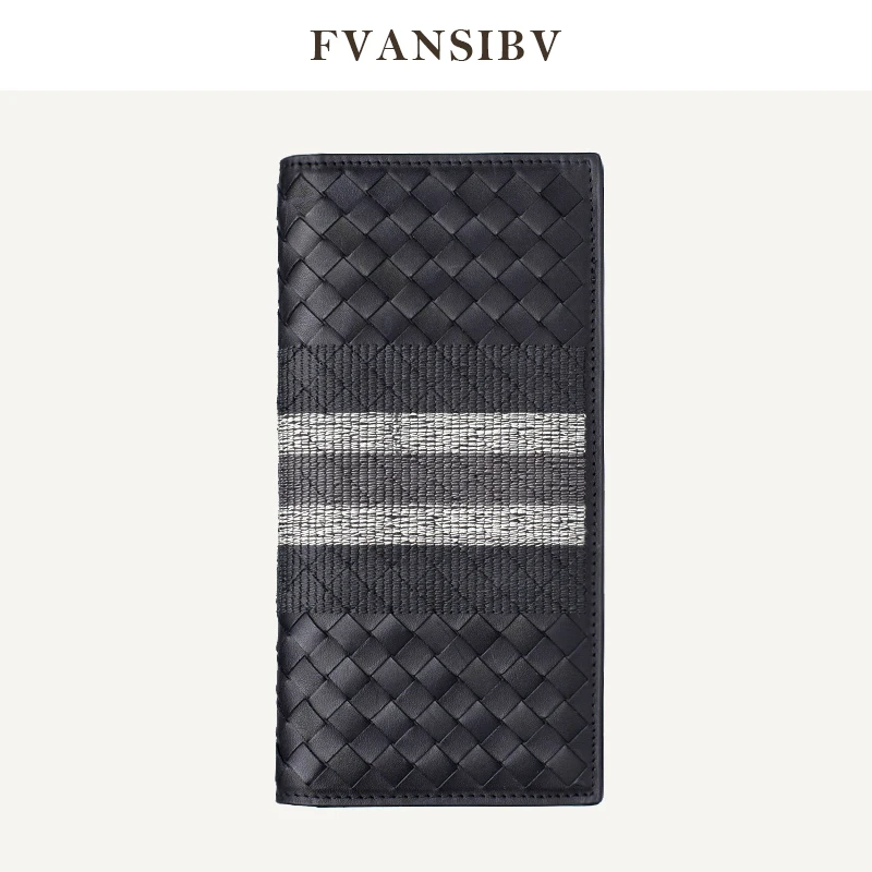 Woven Embroidered Genuine Leather Men's Long Wallet Luxury Brand Design 100% Cowhide Clutch Business Suit Money Clips 2021 New