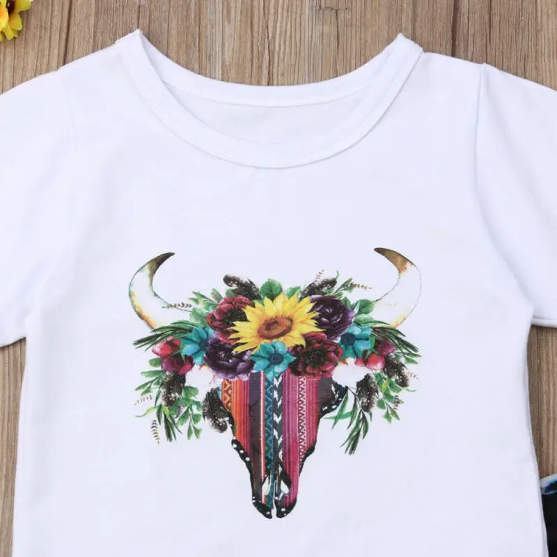Детская футболка с ковбойским принтом для маленьких девочек Топы + цветочные